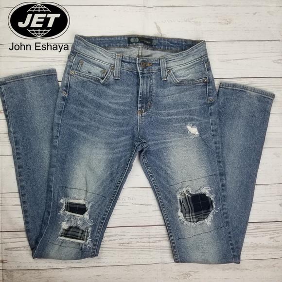 Jet By John Eshaya Plaid Distressed Jeans - Picture 1 of 8